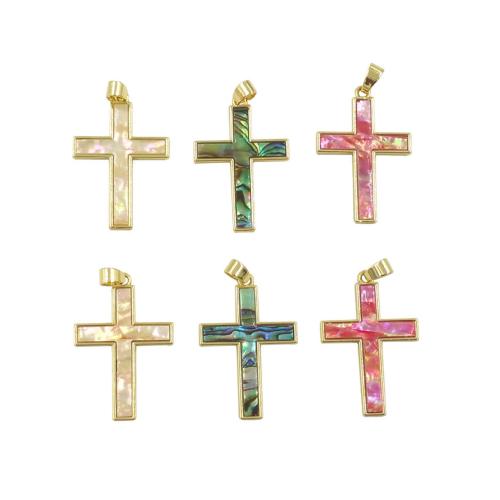 Colgante Cruz en Latón, metal, con Nácar, Cruces, chapado en color dorado, Bricolaje, más colores para la opción, libre de níquel, plomo & cadmio, 21.50x32mm, Vendido por UD