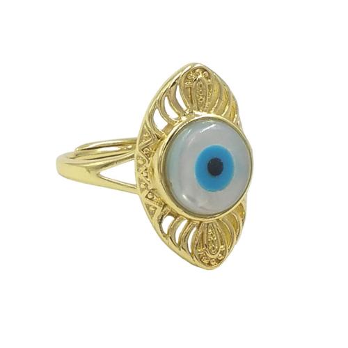 Anillo de dedo de latón, metal, con Nácar, ojo de malvado, chapado en color dorado, Ajustable & Joyería & unisexo, libre de níquel, plomo & cadmio, tamaño:7, Vendido por UD