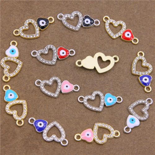 Evil Eye Connector, Tibetan Style, Heart, plated, DIY & evil eye pattern & enamel & with rhinestone & 1/1 loop, more colors for choice, nickel, lead & cadmium free, 12x24x2mm, 100PCs/Bag, Sold By Bag