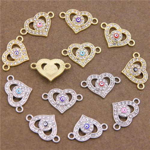 Heart Tibetan Style Connector, plated, DIY & evil eye pattern & enamel & with rhinestone & 1/1 loop, more colors for choice, nickel, lead & cadmium free, 13x20x3.50mm, 100PCs/Bag, Sold By Bag