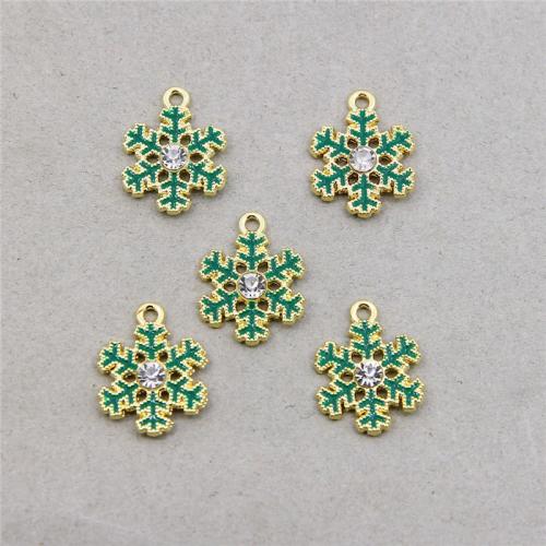 Tibetan Style émail Pendants, alliage de zinc, flocon de neige, Placage de couleur d'or, DIY & avec strass, vert, 22x17x4mm, 100PC/sac, Vendu par sac