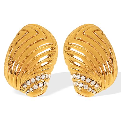 Stainless Steel Stud Earrings, 304 Stainless Steel, Conch, plated, fashion jewelry & for woman & with rhinestone, golden, Sold By Pair