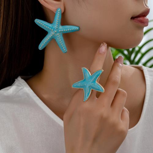 Tibetan Style Jewelry Sets, Stud Earring & finger ring, Starfish, plated, different styles for choice & for woman & enamel, blue, Sold By Set