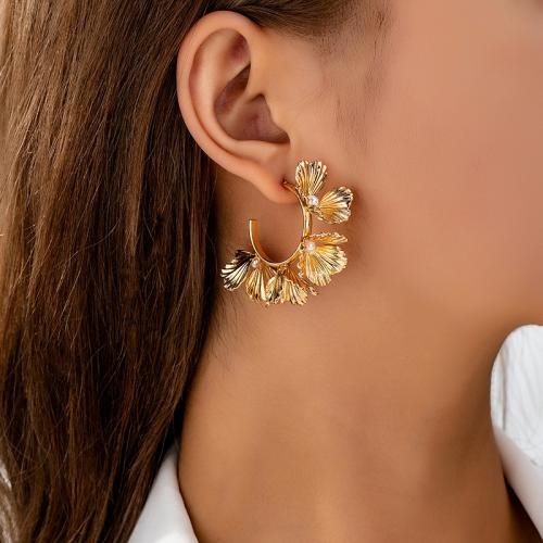 Tibetan Style Stud Earring, with Plastic Pearl, petals, plated, for woman, gold, Sold By Pair