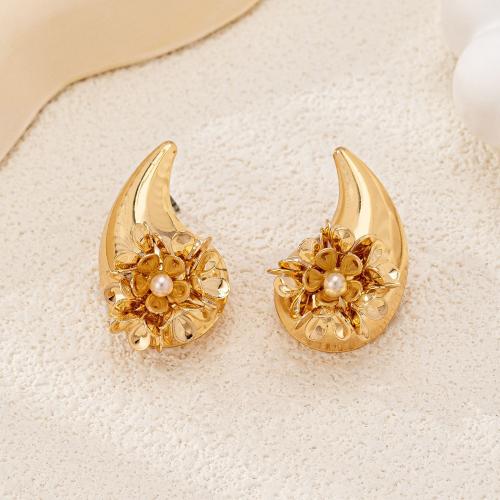 Tibetan Style Stud Earring, with Plastic Pearl, petals, plated, for woman, gold, Sold By Pair