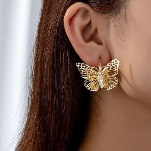 Boucle d'oreille dormeuse en alliage de zinc, papillon, Placage, pour femme, Or, Vendu par paire