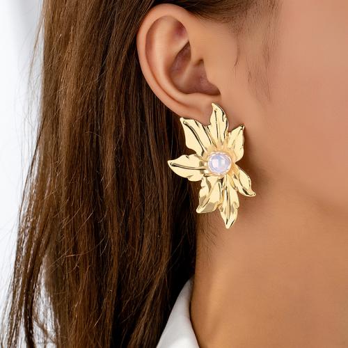 Tibetan Style Stud Earring, with Plastic Pearl, petals, plated, for woman, gold, Sold By Pair