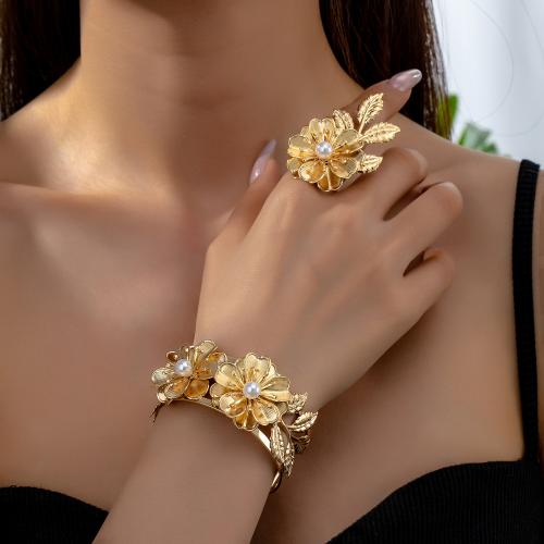 Tibetan Style Jewelry Sets, cuff bangle & finger ring, with Plastic Pearl, petals, plated, for woman, gold, Sold By Set