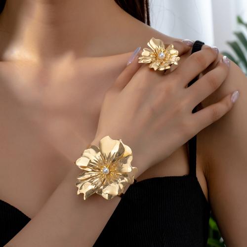 Tibetan Style Jewelry Sets, cuff bangle & finger ring, with Plastic Pearl, petals, plated, for woman, gold, Sold By Set