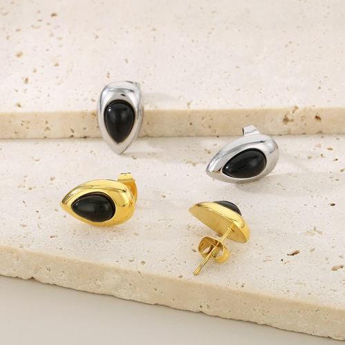 Stainless Steel Stud Earrings, 304 Stainless Steel, with Cats Eye, Vacuum Ion Plating, for woman, more colors for choice, Sold By Pair