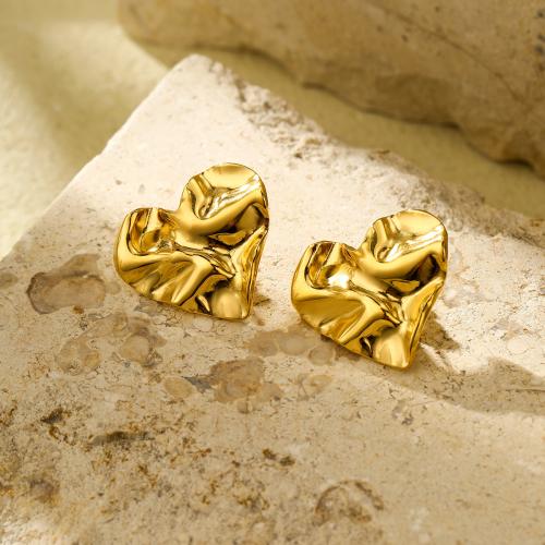 Stainless Steel Stud Earrings, 304 Stainless Steel, Heart, 18K gold plated, fashion jewelry & for woman, golden, 26x23mm, Sold By Pair