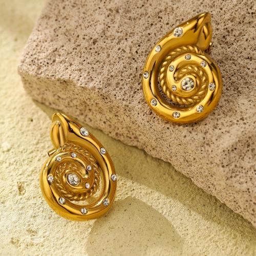 Stainless Steel Stud Earrings, 304 Stainless Steel, 18K gold plated, fashion jewelry & for woman & with rhinestone, golden, 22x30mm, Sold By Pair