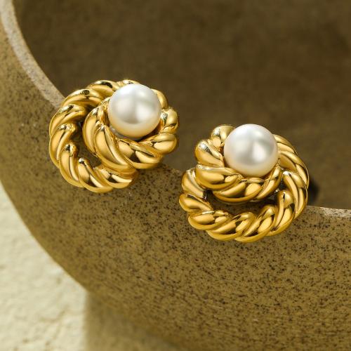 Stainless Steel Stud Earrings, 304 Stainless Steel, with Plastic Pearl, 18K gold plated, fashion jewelry & for woman, golden, 22x24mm, Sold By Pair