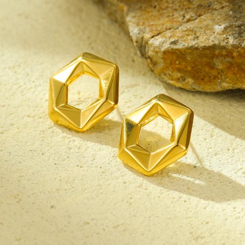 Stainless Steel Stud Earrings, 304 Stainless Steel, Hexagon, 18K gold plated, fashion jewelry & for woman, golden, 17x19.20mm, Sold By Pair