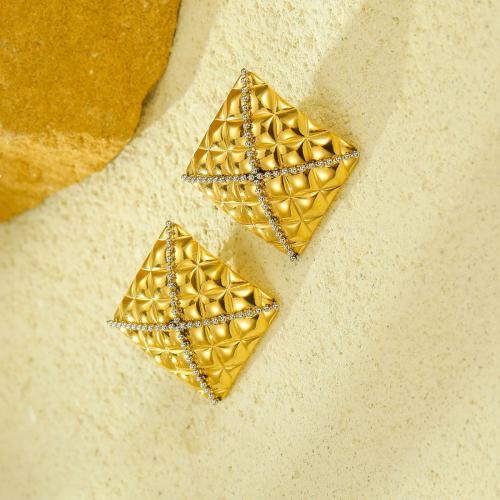 Stainless Steel Stud Earrings, 304 Stainless Steel, Square, 18K gold plated, fashion jewelry & micro pave cubic zirconia & for woman, golden, 24.50x24.50mm, Sold By Pair