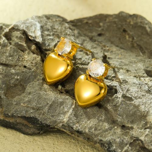 Pendientes de Acero Inoxidable, acero inoxidable 304, Corazón, 18K chapado en oro, Joyería & micro arcilla de zirconia cúbica & para mujer, dorado, 12.50x17.30mm, Vendido por Par