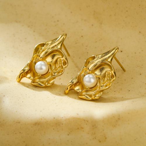 Stainless Steel Stud Earrings, 304 Stainless Steel, with Plastic Pearl, 18K gold plated, fashion jewelry & for woman, golden, 18x30mm, Sold By Pair