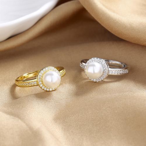 Cubic Zirconia Micro Pave Brass Ring, with Plastic Pearl, fashion jewelry & micro pave cubic zirconia & for woman, more colors for choice, Sold By PC