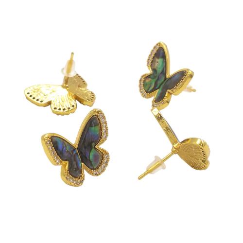 Cubic Zirconia Micro Pave Brass Earring, with Abalone Shell, Butterfly, gold color plated, fashion jewelry & micro pave cubic zirconia & for woman, nickel, lead & cadmium free, 17x20mm, Sold By Pair