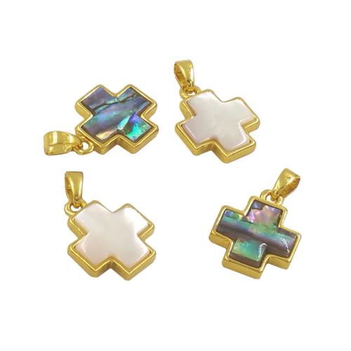 Brass Cross Pendants, with Shell, gold color plated, DIY, more colors for choice, nickel, lead & cadmium free, 12x12mm, Sold By PC