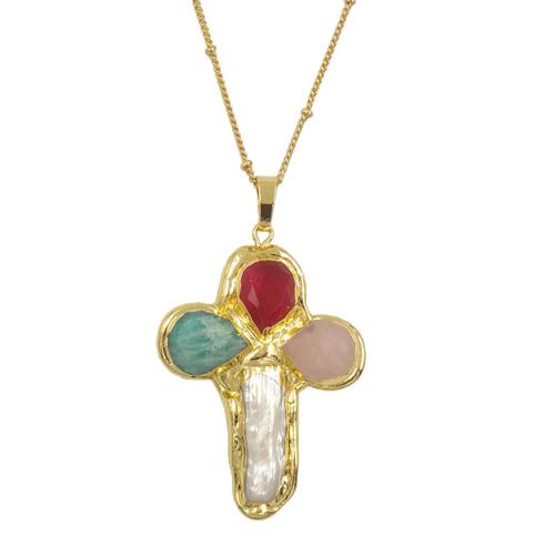 Brass Necklace, with Gemstone & Freshwater Pearl, with 2 Inch extender chain, Cross, gold color plated, fashion jewelry & for woman, nickel, lead & cadmium free, Length:Approx 18 Inch, Sold By PC