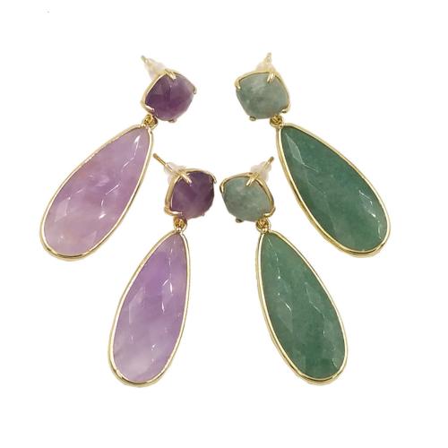 Brass Drop Earring, with Gemstone, Teardrop, gold color plated, fashion jewelry & different materials for choice & for woman, more colors for choice, nickel, lead & cadmium free, 15x50mm, Sold By Pair