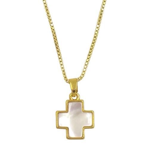 Brass Necklace, with Shell, with 2 Inch extender chain, Cross, gold color plated, fashion jewelry & for woman, more colors for choice, nickel, lead & cadmium free, 12x12mm, Length:Approx 18 Inch, Sold By PC