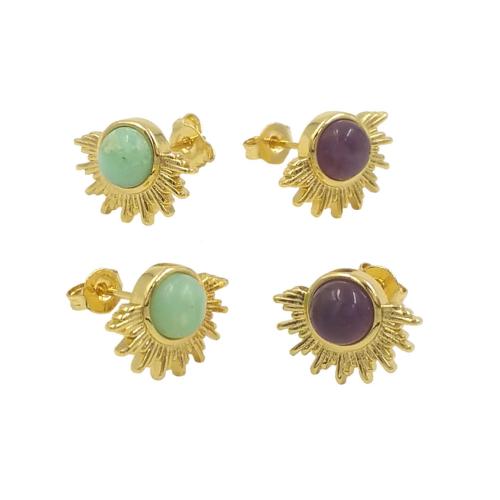 Brass Stud Earring, with Gemstone, Sun, gold color plated, fashion jewelry & for woman, more colors for choice, nickel, lead & cadmium free, 11x15mm, Sold By Pair