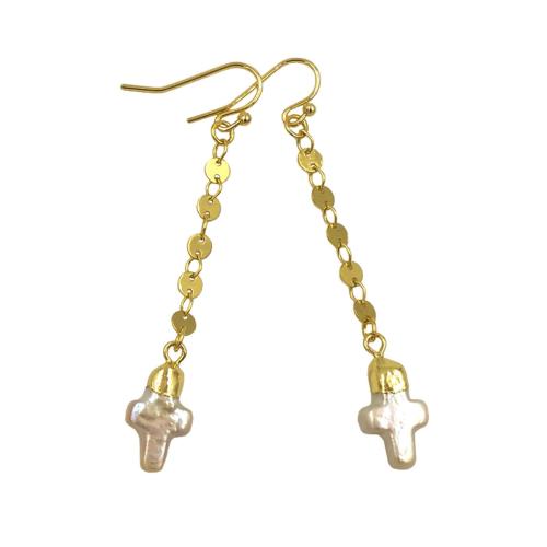 Boucles d'oreilles pendantes en laiton, avec perle d'eau douce cultivée, croix, Placage de couleur d'or, bijoux de mode & pour femme, protéger l'environnement, sans nickel, plomb et cadmium, Vendu par paire