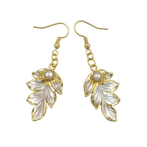 Brass Drop Earring, with Shell & Freshwater Pearl, Leaf, gold color plated, fashion jewelry & for woman, nickel, lead & cadmium free, 20x57mm, Sold By Pair