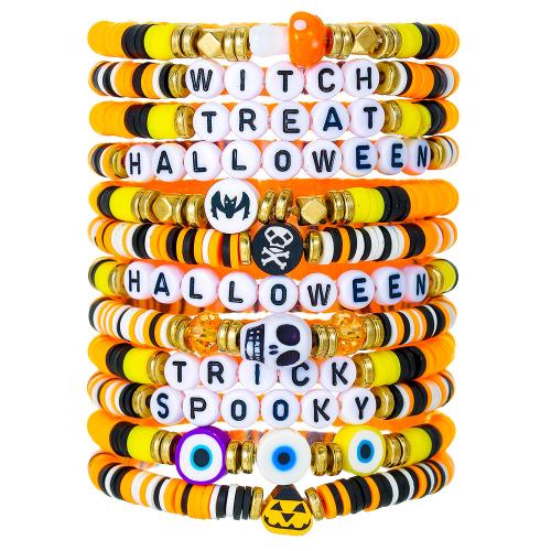 Halloween Bracelet, Polymer Clay, with Elastic Thread & Brass & Acrylic, handmade, Halloween Design & 12 pieces & for woman, mixed colors, Length:7.09-7.48 Inch, Sold By Set