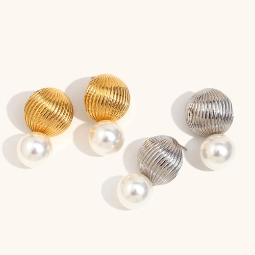 Stainless Steel Stud Earrings, 304 Stainless Steel, with Plastic Pearl, Balloon, plated, fashion jewelry & for woman, more colors for choice, Sold By Pair