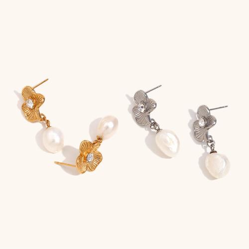 Stainless Steel Stud Earrings, 304 Stainless Steel, with Cubic Zirconia & Plastic Pearl, Flower, plated, fashion jewelry & for woman, more colors for choice, Sold By Pair