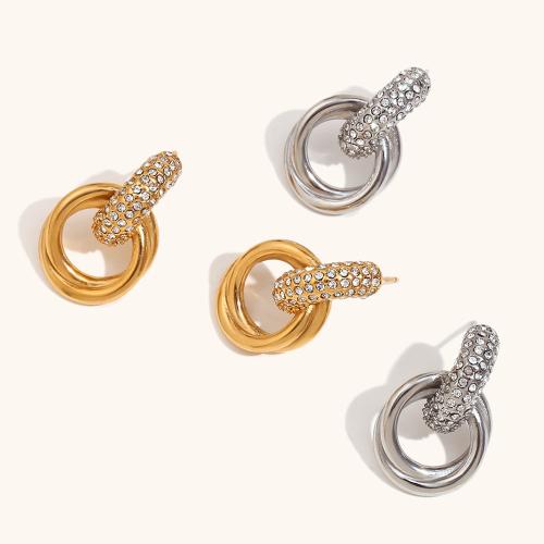 Stainless Steel Stud Earrings, 304 Stainless Steel, plated, for woman & with rhinestone & hollow, more colors for choice, Sold By Pair