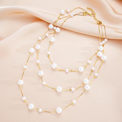 Collier de bijoux en acier inoxydable, Acier inoxydable 304, avec perle de plastique, Placage, trois couches & bijoux de mode & pour femme, doré, Vendu par PC