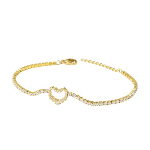 Pulsera de acero de titanio, Partículas de acero, con 3CM extender cadena, Corazón, chapado, micro arcilla de zirconia cúbica & para mujer, dorado, longitud:aproximado 18 cm, Vendido por UD