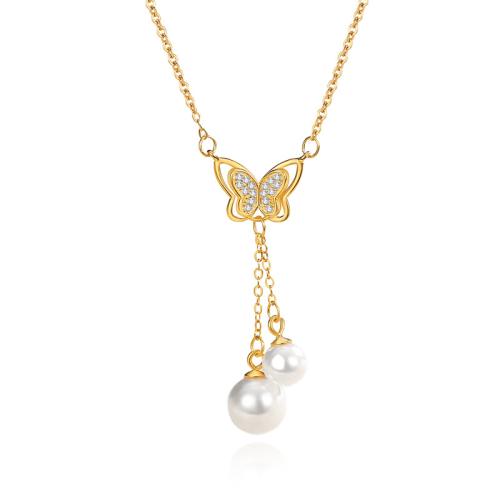 Cubic Zircon Micro Pave 925 Sterling Silver Necklace, with Plastic Pearl, with 5CM extender chain, Butterfly, micro pave cubic zirconia & for woman, more colors for choice, Length:Approx 40 cm, Sold By PC