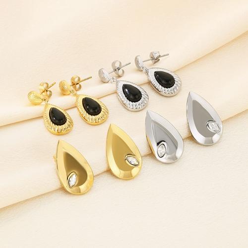 Stainless Steel Drop Earring, 304 Stainless Steel, with Cats Eye, Vacuum Ion Plating, different styles for choice & for woman & with rhinestone, more colors for choice, Sold By Pair