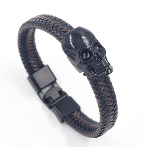 cuir PU bracelet, avec alliage de zinc, crane, le style de punk & tressé & pour homme, noire, Longueur:Environ 21-21.5 cm, Vendu par PC