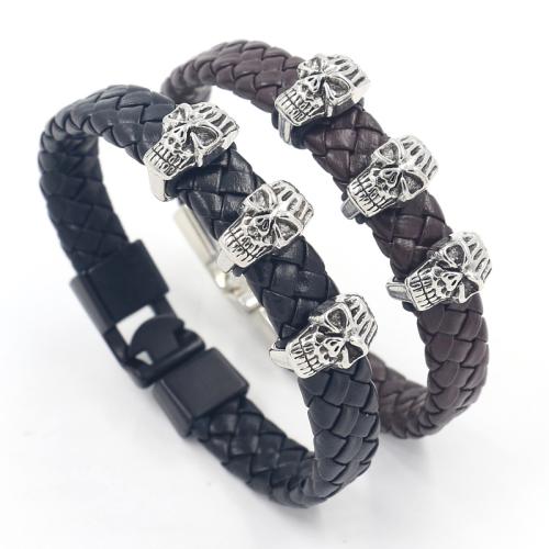 PU Leather Bracelet, with Tibetan Style, Skull, punk style & braided & for man, more colors for choice, 210x11mm, Sold By PC