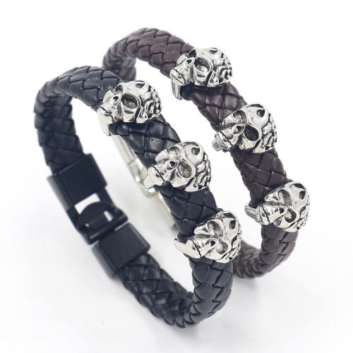 PU Leather Bracelet, with Tibetan Style, Skull, punk style & Unisex & braided, more colors for choice, 210x11mm, Sold By PC