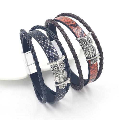 PU Leather Bracelet, with Tibetan Style, Owl, plated, punk style & Unisex, more colors for choice, 210x12mm, Sold By PC