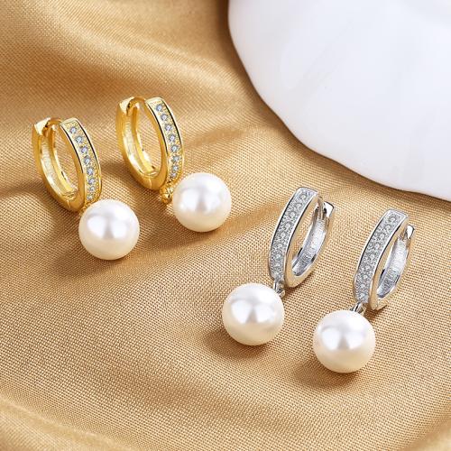 Cubic Zirconia Micro Pave Brass Earring, with Shell Pearl, fashion jewelry & micro pave cubic zirconia & for woman, more colors for choice, 28mm, Sold By Pair