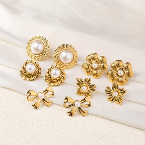 Stainless Steel Stud Earrings, 304 Stainless Steel, with Plastic Pearl, 18K gold plated, fashion jewelry & different styles for choice & for woman, golden, Sold By Pair