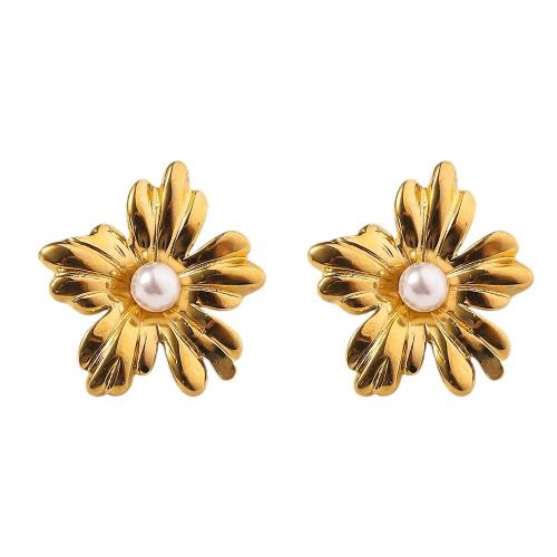 Stainless Steel Stud Earrings, 304 Stainless Steel, with Shell Pearl, Flower, 18K gold plated, fashion jewelry & for woman, golden, 23x25mm, Sold By Pair