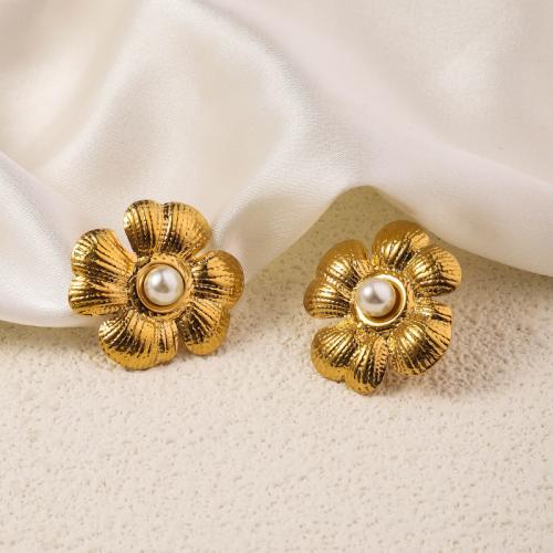 Stainless Steel Stud Earrings, 304 Stainless Steel, with Shell Pearl, Flower, 18K gold plated, fashion jewelry & for woman, golden, 20x22mm, Sold By Pair