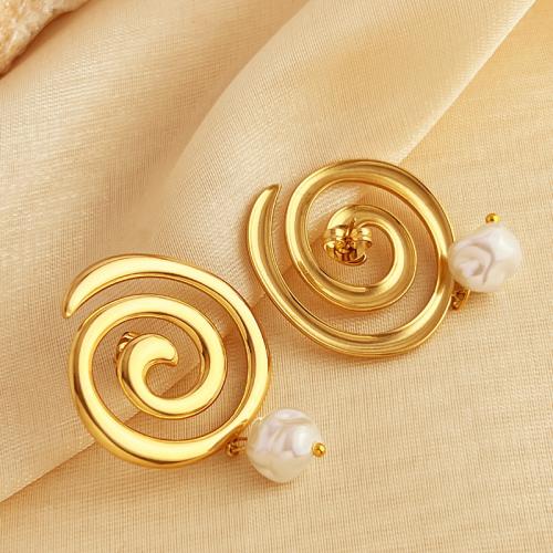 Stainless Steel Drop Earring, 304 Stainless Steel, with Plastic Pearl, fashion jewelry & for woman, golden, 46x30mm, Sold By Pair