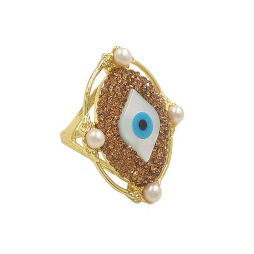 Bijoux Finger Evil Eye Anneau, laiton, avec coquille & perle d'eau douce cultivée, Placage de couleur d'or, Réglable & bijoux de mode & pour femme & avec strass, plus de couleurs à choisir, protéger l'environnement, sans nickel, plomb et cadmium, Taille:7, Vendu par PC