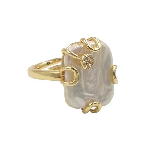 Bague en laiton, avec zircon cubique & perle d'eau douce cultivée, Placage de couleur d'or, Réglable & bijoux de mode & pour femme, plus de couleurs à choisir, protéger l'environnement, sans nickel, plomb et cadmium, Taille:7, Vendu par PC