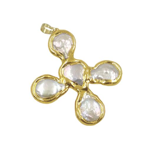 Freshwater Pearl Pendants, Brass, with Freshwater Pearl, Cross, gold color plated, DIY, nickel, lead & cadmium free, Sold By PC